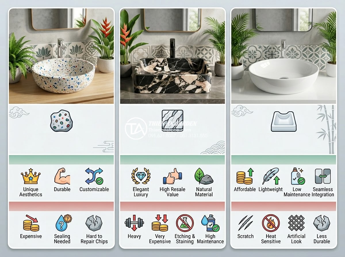 Lavabo Đá Mài (Terrazzo): Xu Hướng Decor Phòng Tắm Hiện Đại Đầy Màu Sắc - Side-by-side comparison infographic style image of three bathroom sinks: left is