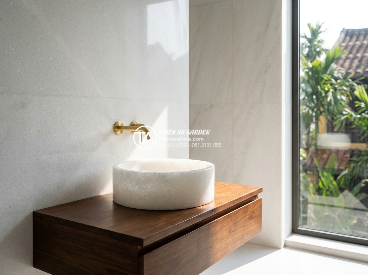 Lavabo Đá Marble (Cẩm Thạch) - Vẻ Đẹp Qúy Tộc Trong Thiết Kế Nội Thất - High-resolution professional photograph of an elegant white marble lavabo sink w