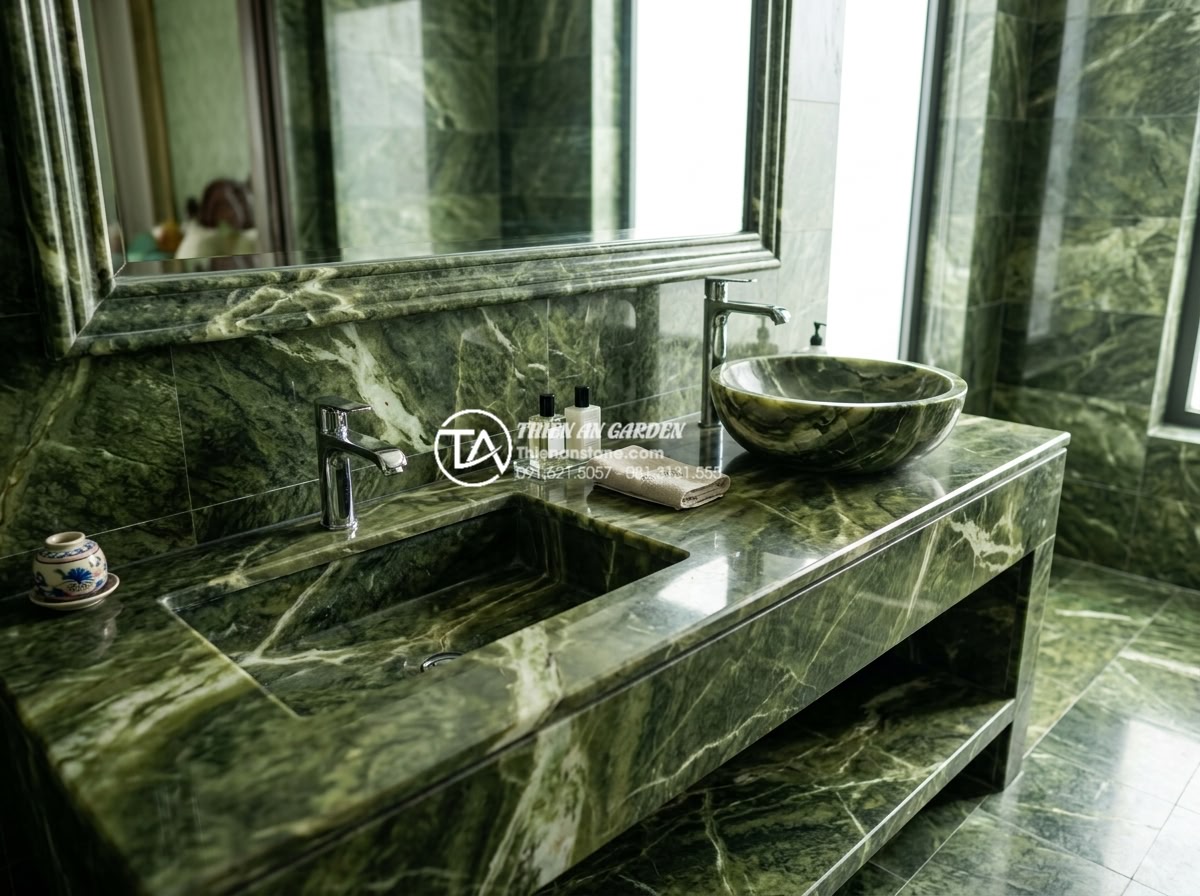 Lavabo Đá Marble (Cẩm Thạch) - Vẻ Đẹp Qúy Tộc Trong Thiết Kế Nội Thất - Wide angle view of a luxury bathroom featuring multiple styles of marble lavabo 