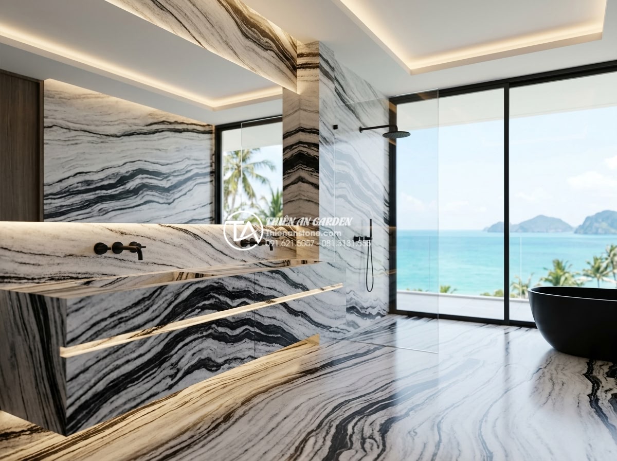 Lavabo Đá Marble (Cẩm Thạch) - Vẻ Đẹp Qúy Tộc Trong Thiết Kế Nội Thất - Stunning architectural rendering of a luxury resort bathroom with floor-to-ceili