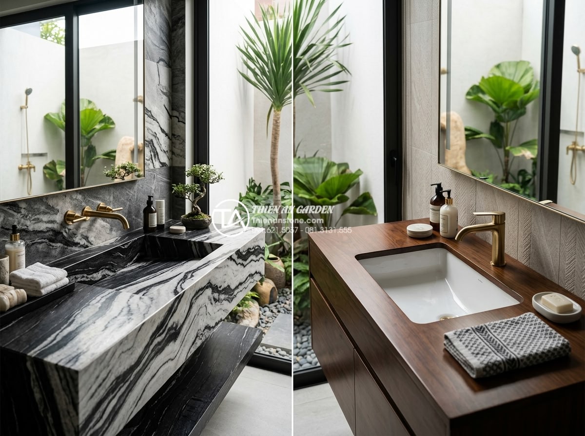Lavabo Đá Marble (Cẩm Thạch) - Vẻ Đẹp Qúy Tộc Trong Thiết Kế Nội Thất - Comparison infographic style image showing side-by-side luxury bathroom scenes w