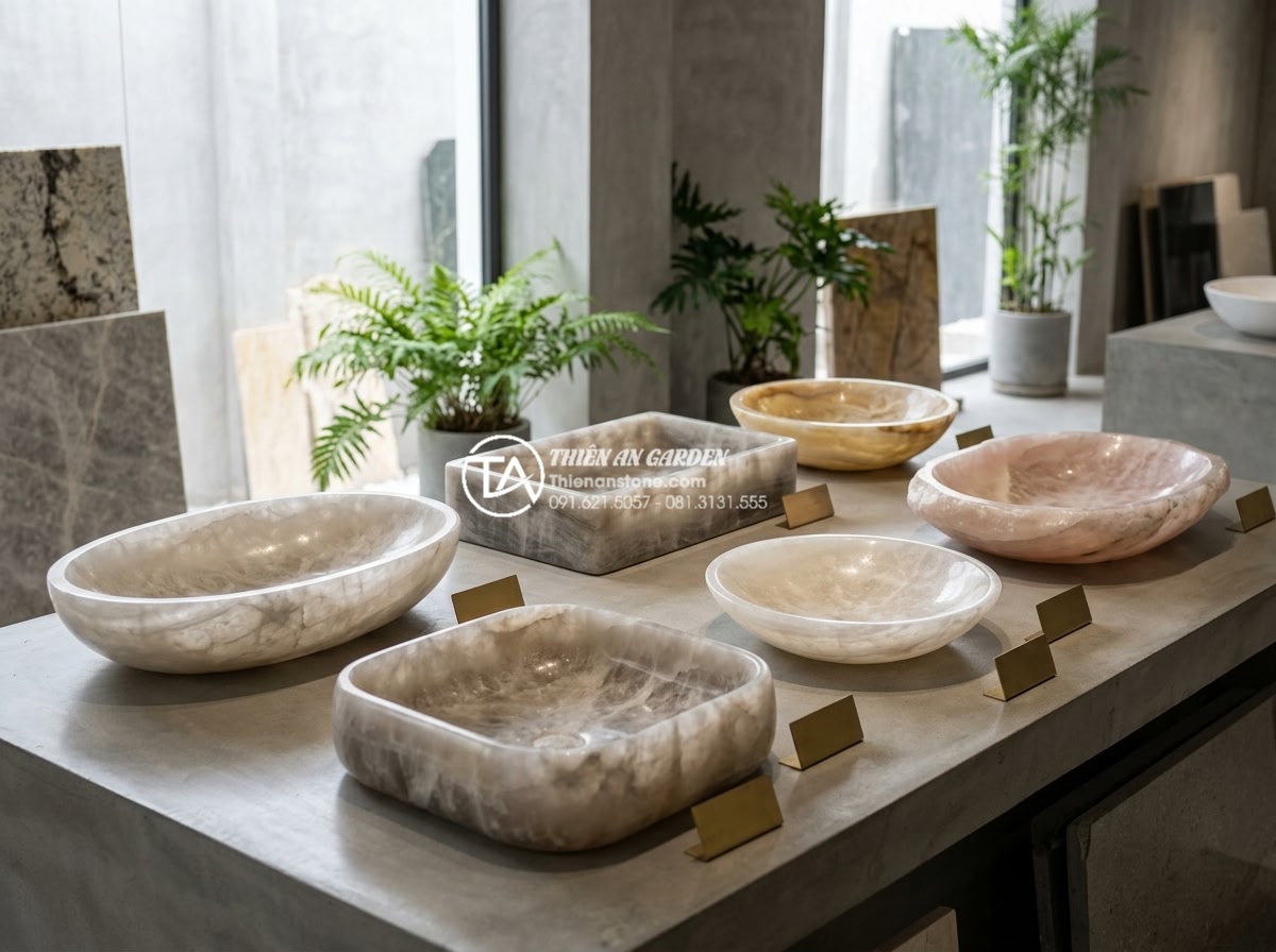 Lavabo Đá Marble (Cẩm Thạch) - Vẻ Đẹp Qúy Tộc Trong Thiết Kế Nội Thất - High-quality product showcase photograph of various premium marble lavabo sinks 