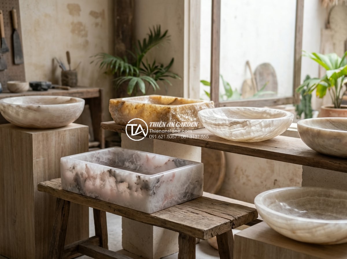 Lavabo Đá Nguyên Khối: Đẳng Cấp Sang Trọng Từ Sự Nguyên Sơ Và Bền Bỉ - Artistic composition of multiple unique lavabo đá nguyên khối made from differen