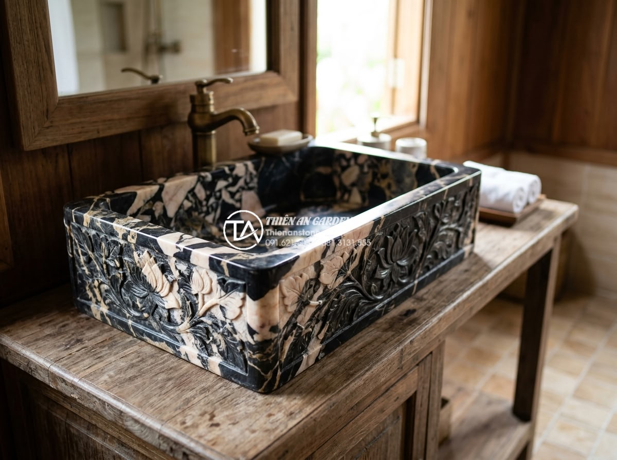 Lavabo Đá Nguyên Khối: Đẳng Cấp Sang Trọng Từ Sự Nguyên Sơ Và Bền Bỉ - Custom designed lavabo đá nguyên khối with intricate hand-carved floral patterns