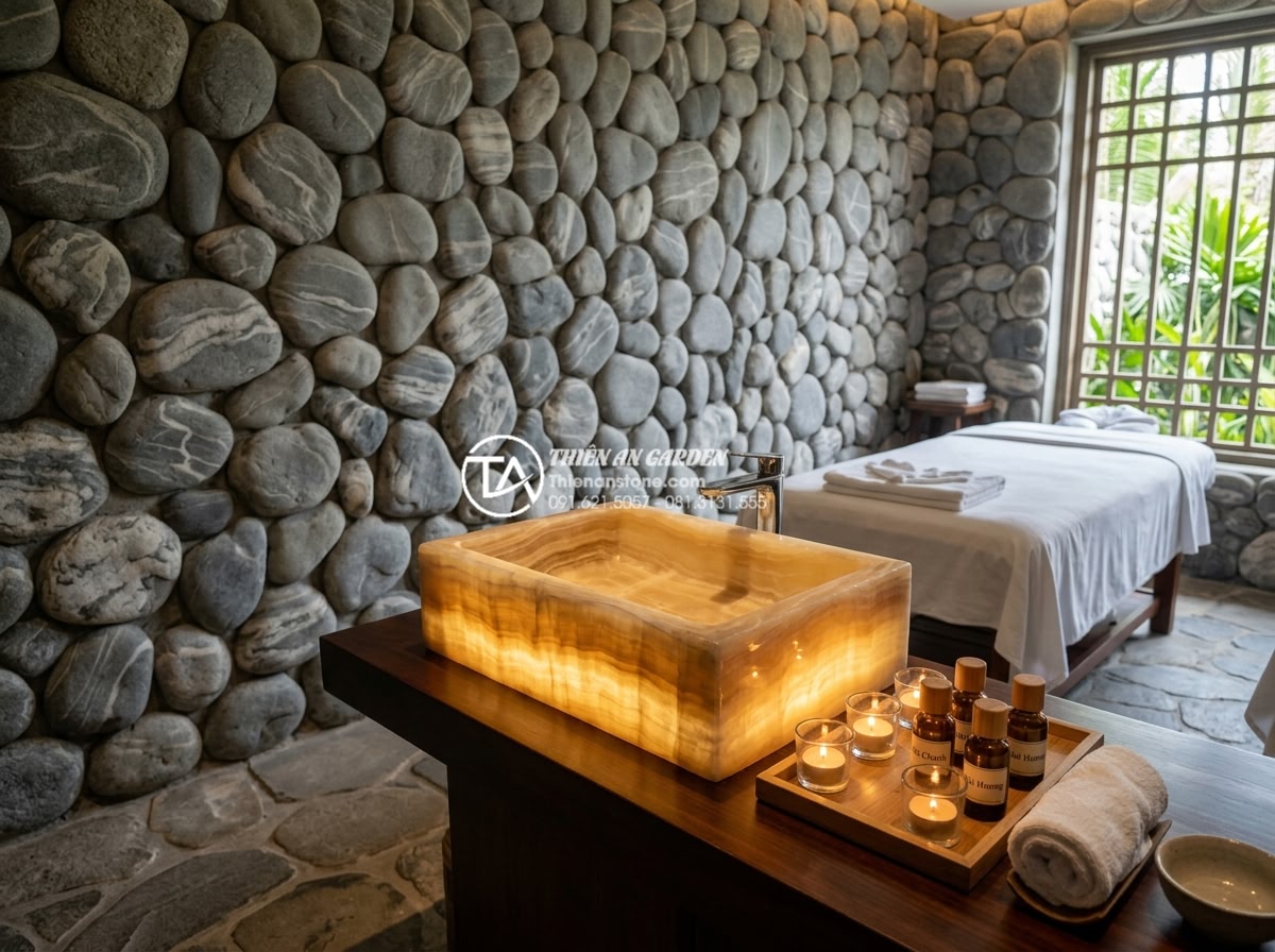 Lavabo Đá Nguyên Khối: Đẳng Cấp Sang Trọng Từ Sự Nguyên Sơ Và Bền Bỉ - High-end spa treatment room with elegant onyx lavabo nguyên khối softly lit from