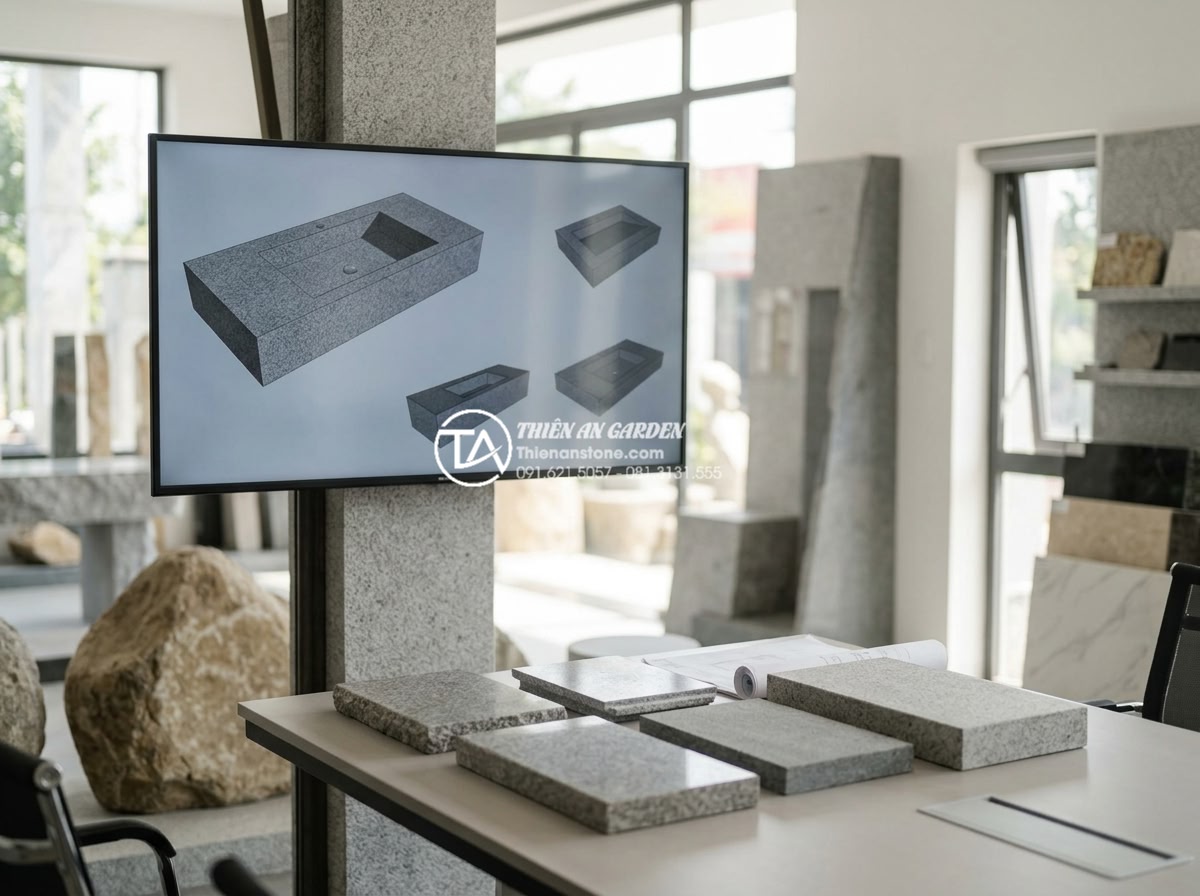 Lavabo Đá Nguyên Khối: Đẳng Cấp Sang Trọng Từ Sự Nguyên Sơ Và Bền Bỉ - Professional consultation meeting at Đá Cảnh Thiên An showroom with client revie
