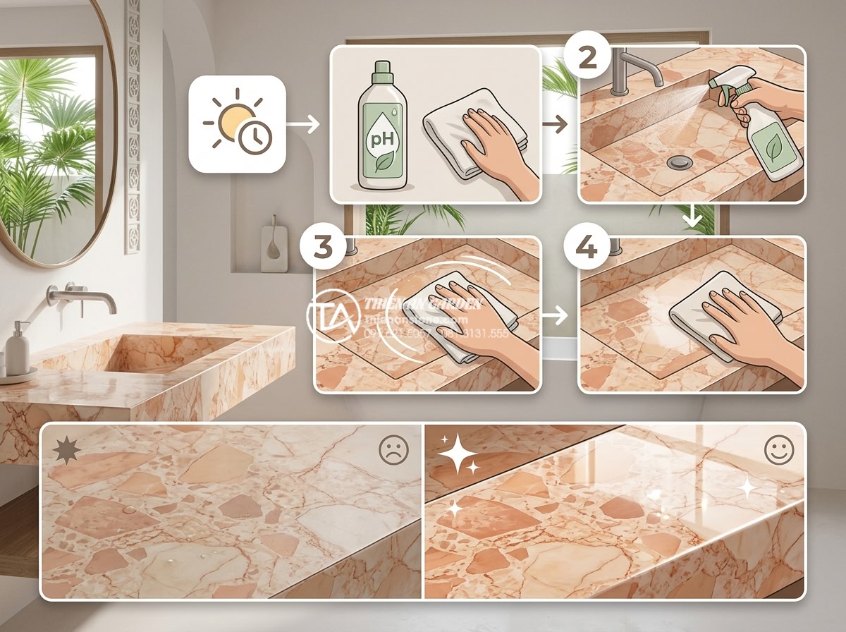 Lavabo Đá Nguyên Khối: Đẳng Cấp Sang Trọng Từ Sự Nguyên Sơ Và Bền Bỉ - Step-by-step infographic style image showing proper daily cleaning routine for a