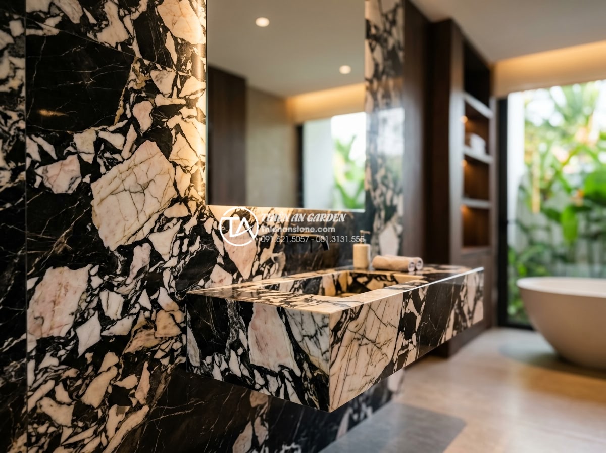 Lavabo Đá Nguyên Khối: Đẳng Cấp Sang Trọng Từ Sự Nguyên Sơ Và Bền Bỉ - Wide angle luxurious interior shot of a black granite lavabo nguyên khối seamles