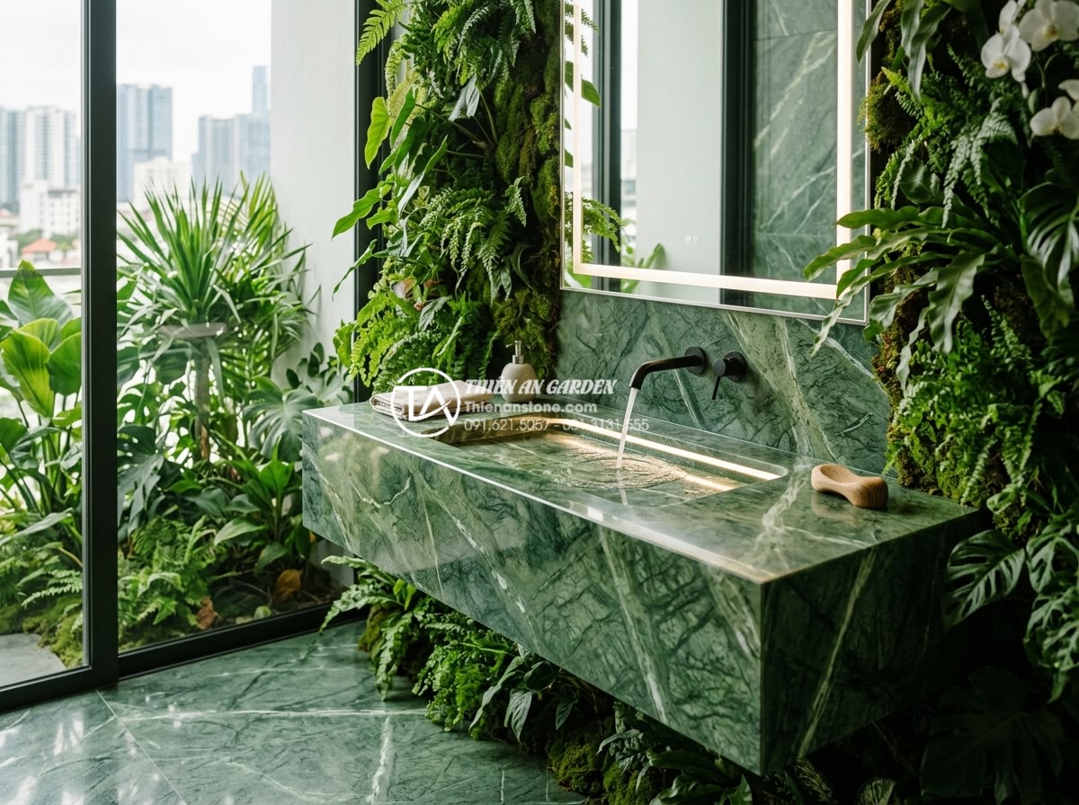 Lavabo Đá Nguyên Khối: Đẳng Cấp Sang Trọng Từ Sự Nguyên Sơ Và Bền Bỉ - Futuristic 2026 bathroom concept rendering featuring a smart monolithic stone la