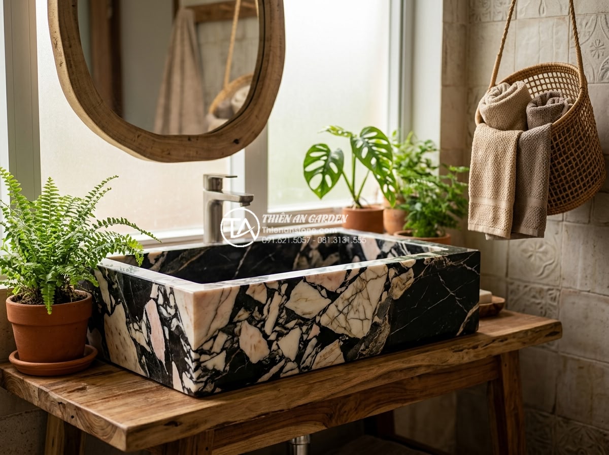 Lavabo Đá Nguyên Khối: Đẳng Cấp Sang Trọng Từ Sự Nguyên Sơ Và Bền Bỉ - Trend forecast mood board for 2026 natural stone bathroom design showing organic