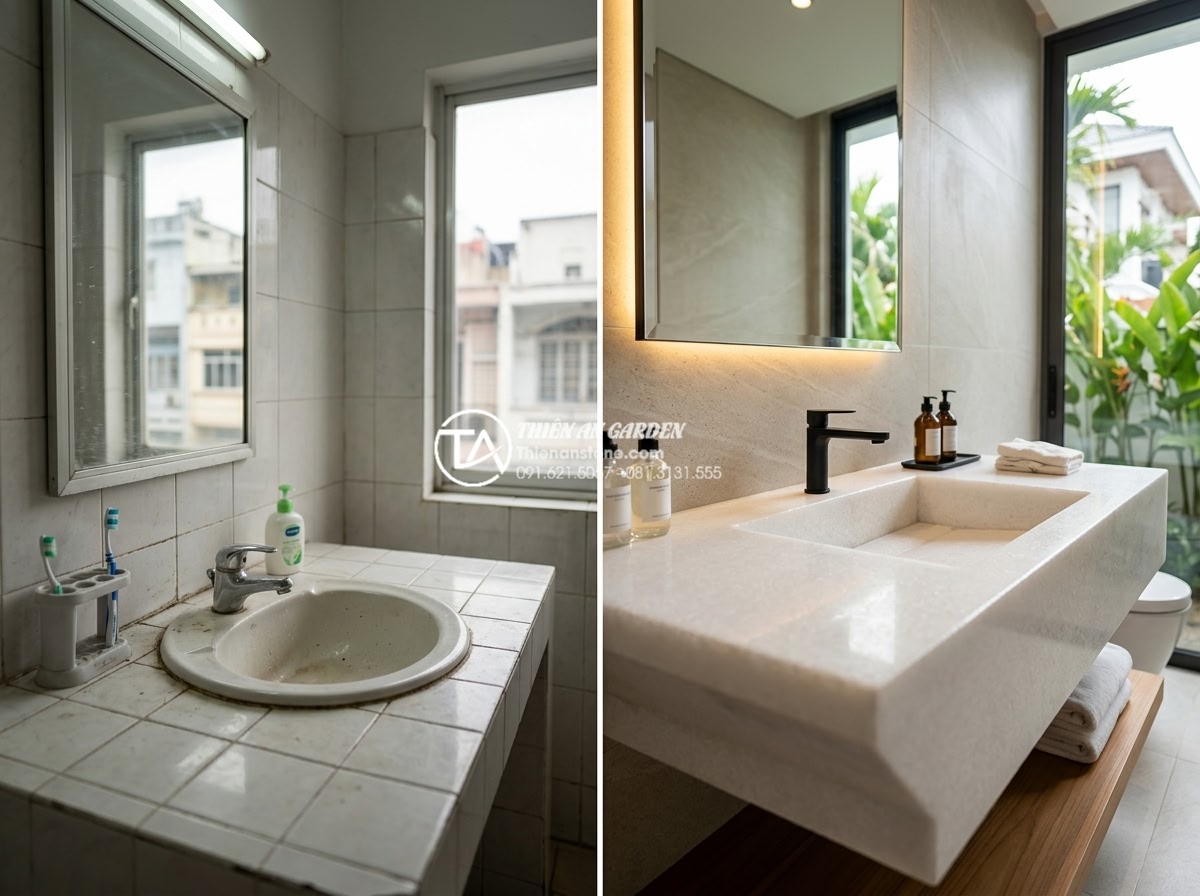 Lavabo Đá Nguyên Khối: Đẳng Cấp Sang Trọng Từ Sự Nguyên Sơ Và Bền Bỉ - Before-and-after photos of a completed luxury villa project in Ho Chi Minh City 