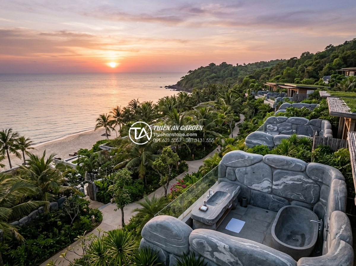 Lavabo Đá Nguyên Khối: Đẳng Cấp Sang Trọng Từ Sự Nguyên Sơ Và Bền Bỉ - Aerial view of a beautiful 5-star resort in Phu Quoc featuring multiple outdoor 