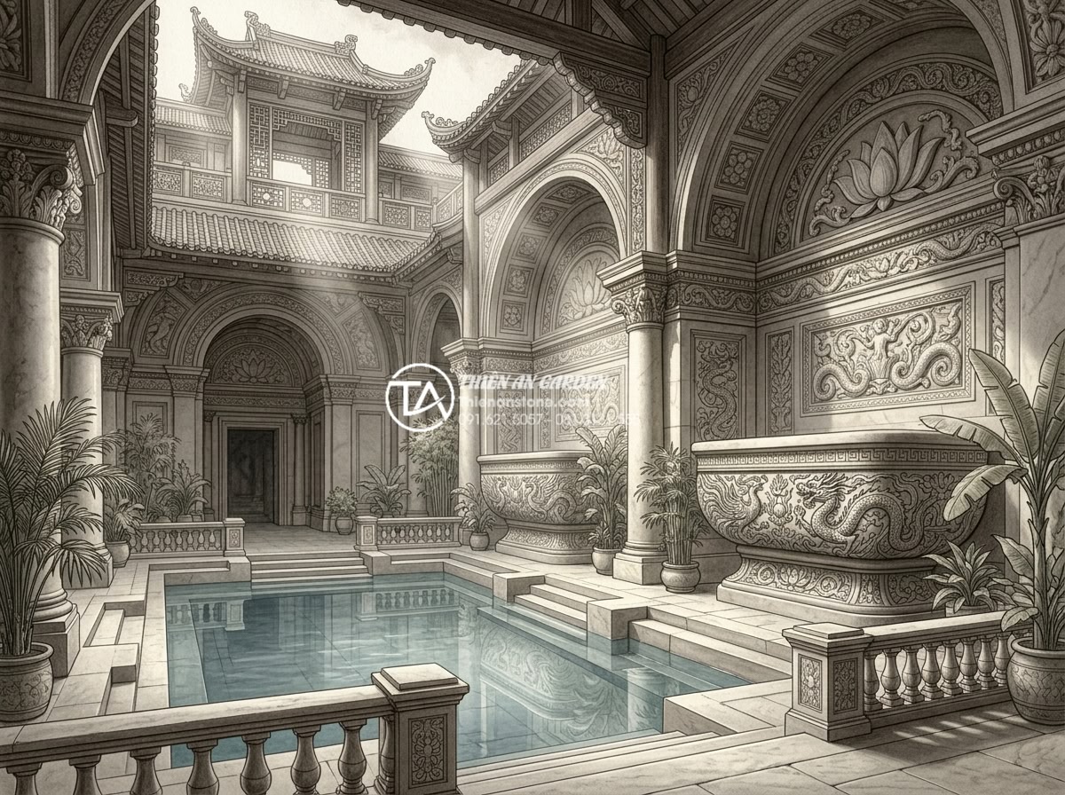 Lavabo Đá Nguyên Khối: Đẳng Cấp Sang Trọng Từ Sự Nguyên Sơ Và Bền Bỉ - Historical artistic rendering of ancient Roman marble bath with monolithic stone