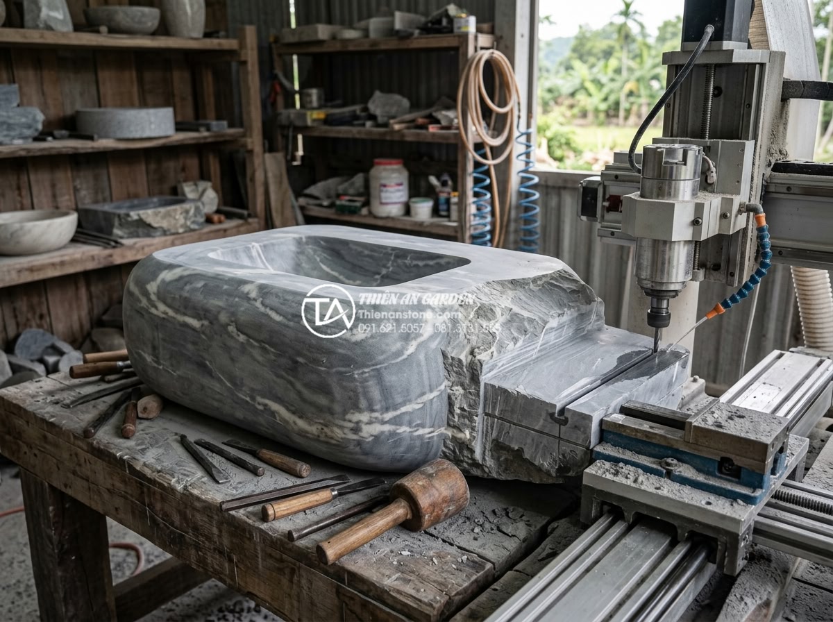 Lavabo Đá Nguyên Khối: Đẳng Cấp Sang Trọng Từ Sự Nguyên Sơ Và Bền Bỉ - Modern Vietnamese artisan workshop scene with skilled craftsmen carving a large 