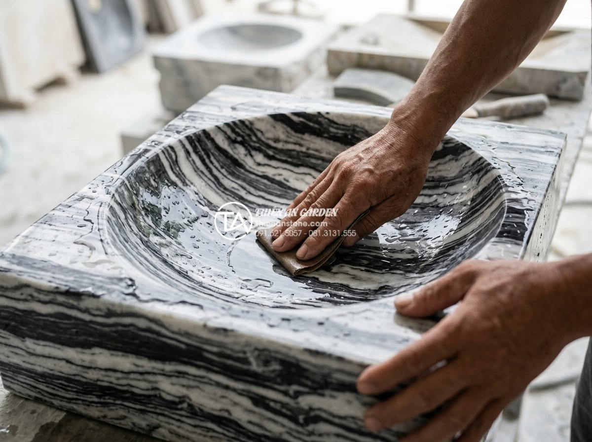 Lavabo Đá Nguyên Khối: Đẳng Cấp Sang Trọng Từ Sự Nguyên Sơ Và Bền Bỉ - Artisan hands carefully hand-polishing the interior basin of a finished white ma