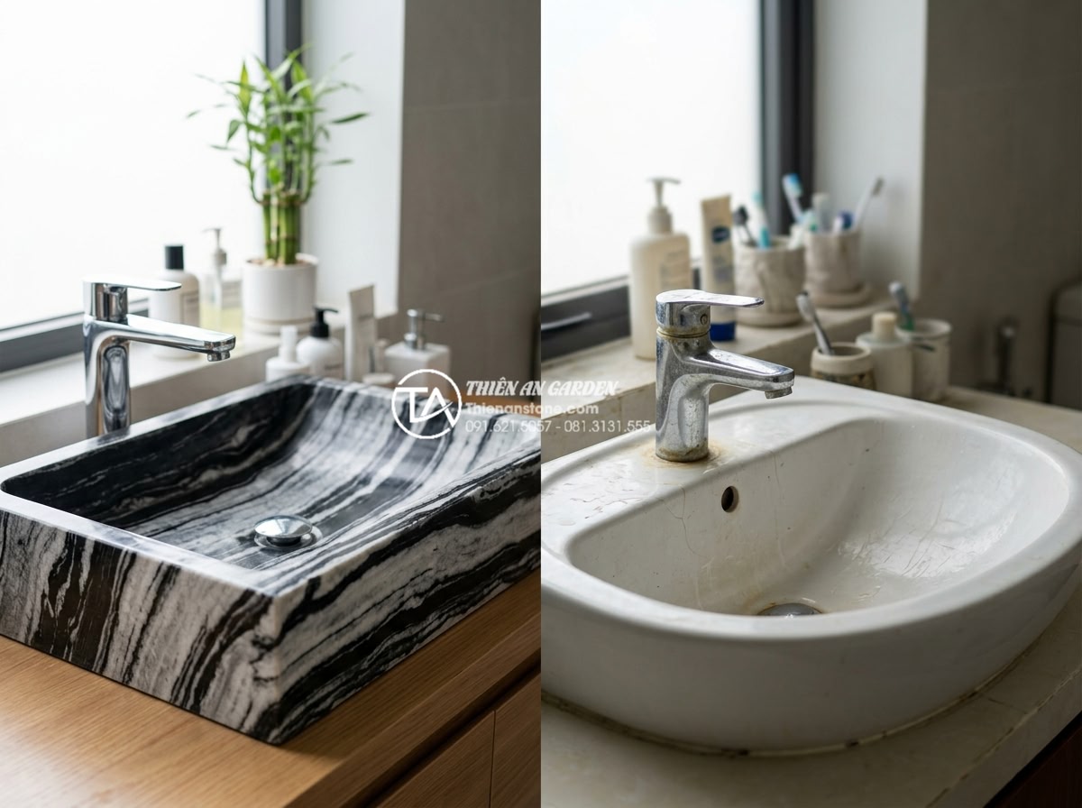 Lavabo Đá Nguyên Khối: Đẳng Cấp Sang Trọng Từ Sự Nguyên Sơ Và Bền Bỉ - Elegant side-by-side comparison showing a durable black granite lavabo after 10 