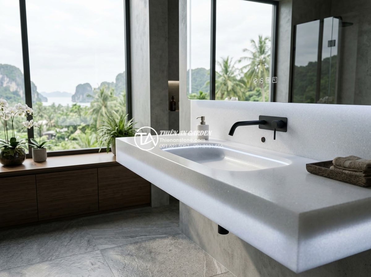 Lavabo Đá Nung Kết: Đột Phá Công Nghệ Cho Bề Mặt Chống Trầy Xước Tuyệt Đối - Futuristic rendering of 2026 sintered stone lavabo trends featuring smart integr