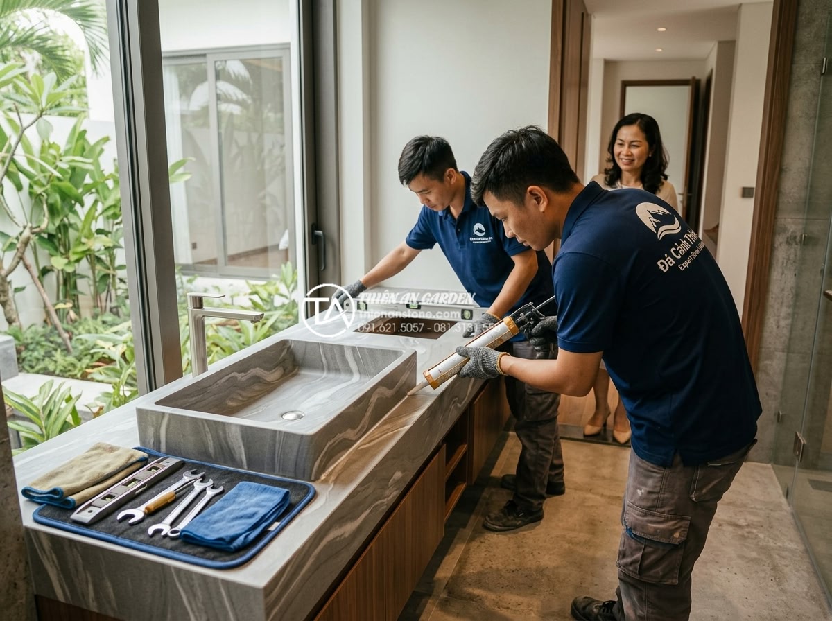 Lavabo Đá Nung Kết: Đột Phá Công Nghệ Cho Bề Mặt Chống Trầy Xước Tuyệt Đối - Professional team photo of Đá Cảnh Thiên An experts installing a premium sintere