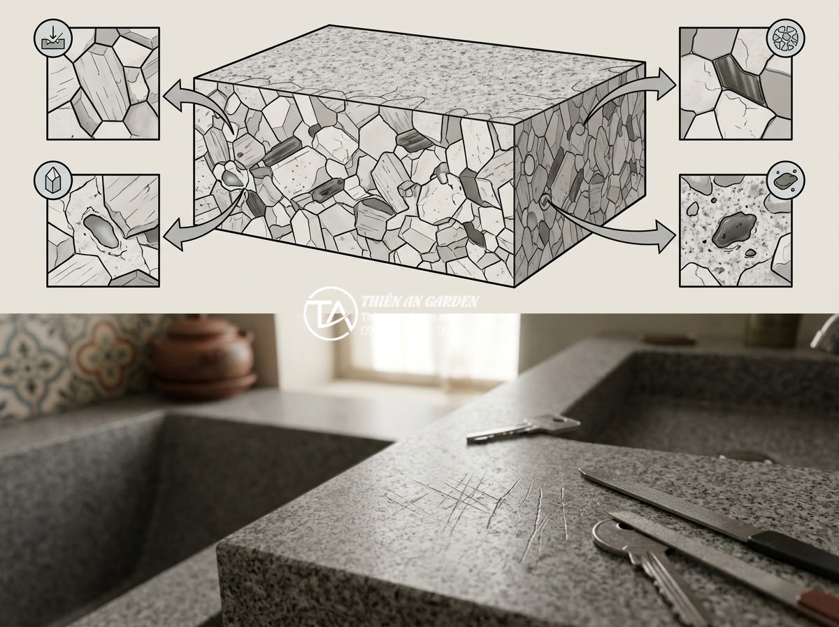 Lavabo Đá Nung Kết: Đột Phá Công Nghệ Cho Bề Mặt Chống Trầy Xước Tuyệt Đối - Detailed technical illustration and real photo comparison showing the microscopi
