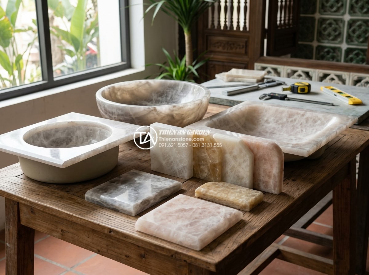 Lavabo Đá Nung Kết: Đột Phá Công Nghệ Cho Bề Mặt Chống Trầy Xước Tuyệt Đối - High-end product photography of various sintered stone lavabo samples arranged o