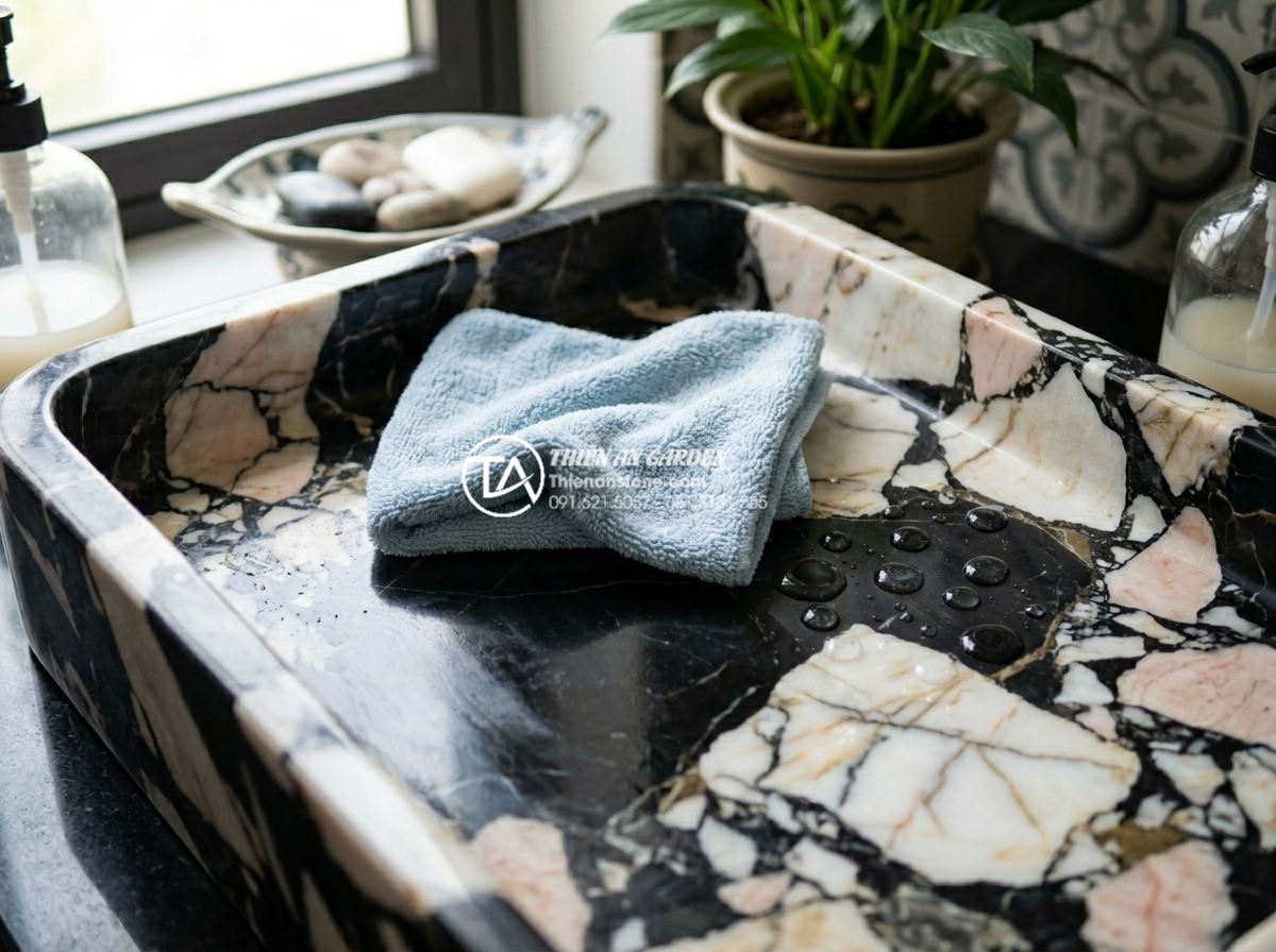 Lavabo Đá Nung Kết: Đột Phá Công Nghệ Cho Bề Mặt Chống Trầy Xước Tuyệt Đối - Close-up lifestyle image of proper daily cleaning routine for a sintered stone l