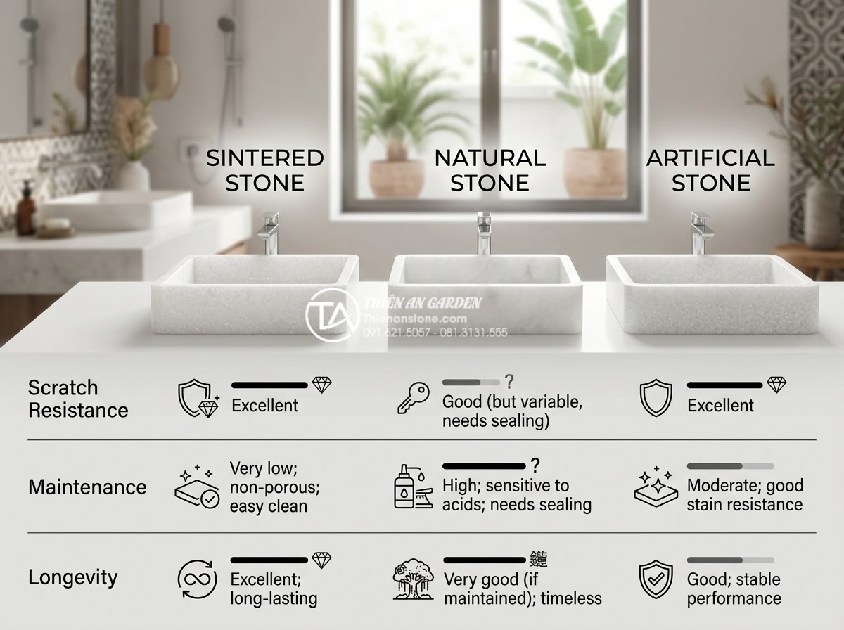 Lavabo Đá Nung Kết: Đột Phá Công Nghệ Cho Bề Mặt Chống Trầy Xước Tuyệt Đối - Professional comparison table image and real product photos side by side showing