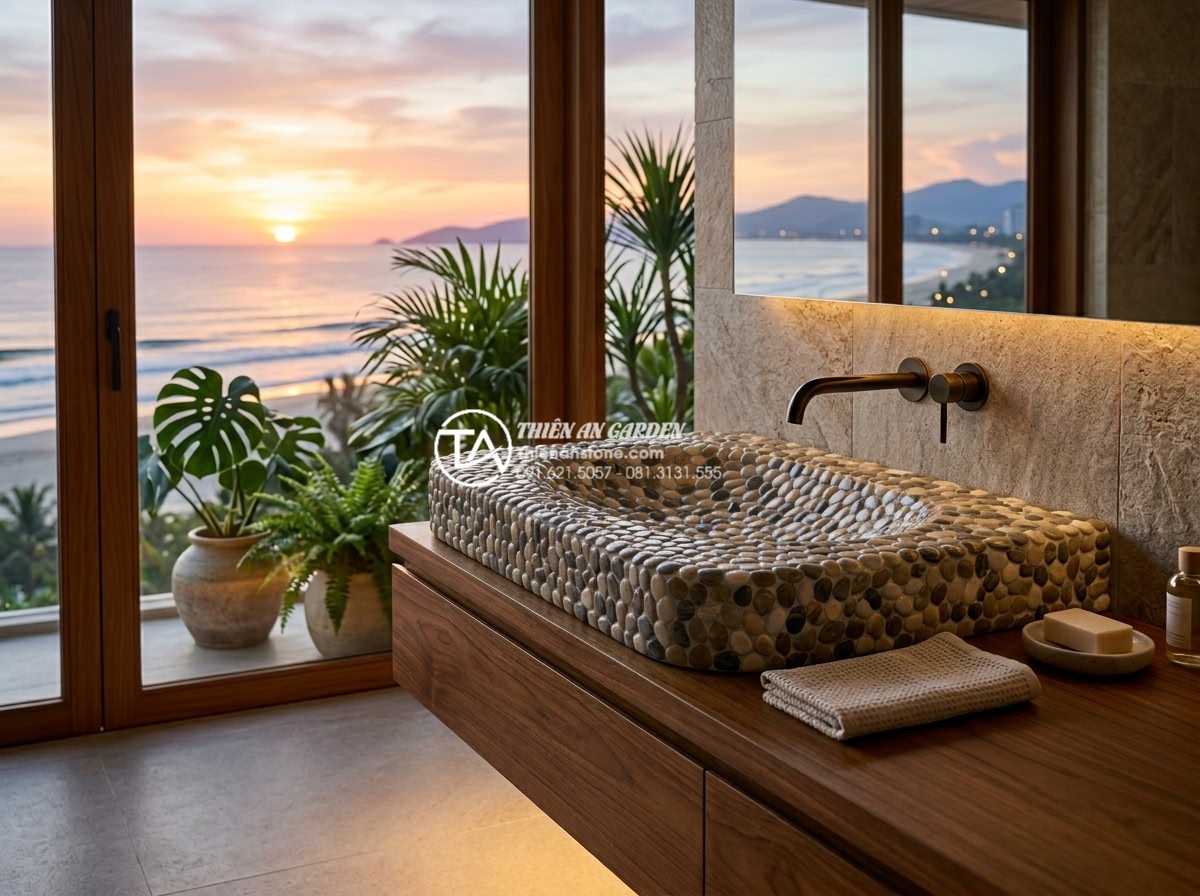 Lavabo Đá Tự Nhiên Đà Nẵng: Khám Phá Xưởng Sản Xuất Đá Mỹ Nghệ Non Nước - Professional high-resolution photograph of an elegant natural stone lavabo craft