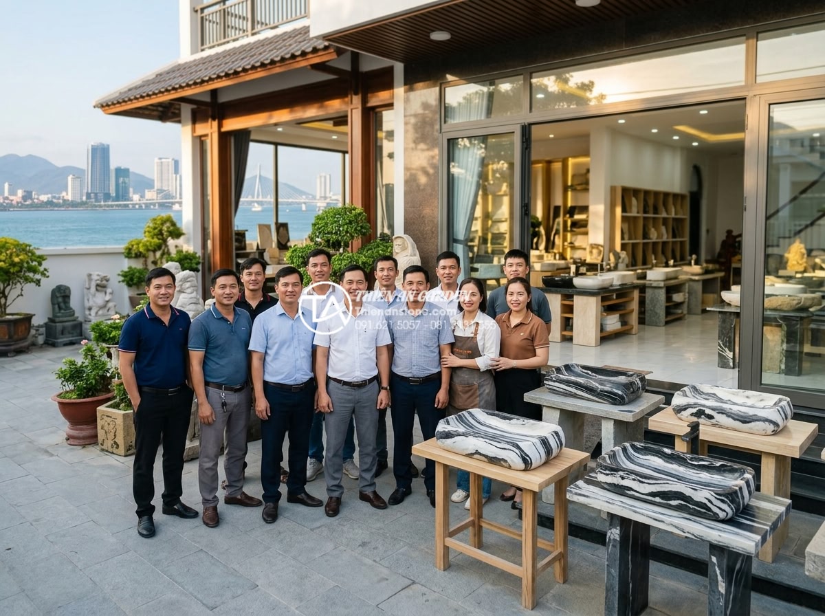 Lavabo Đá Tự Nhiên Đà Nẵng: Khám Phá Xưởng Sản Xuất Đá Mỹ Nghệ Non Nước - Professional team photo of Đá Cảnh Thiên An staff and artisans standing proudly 