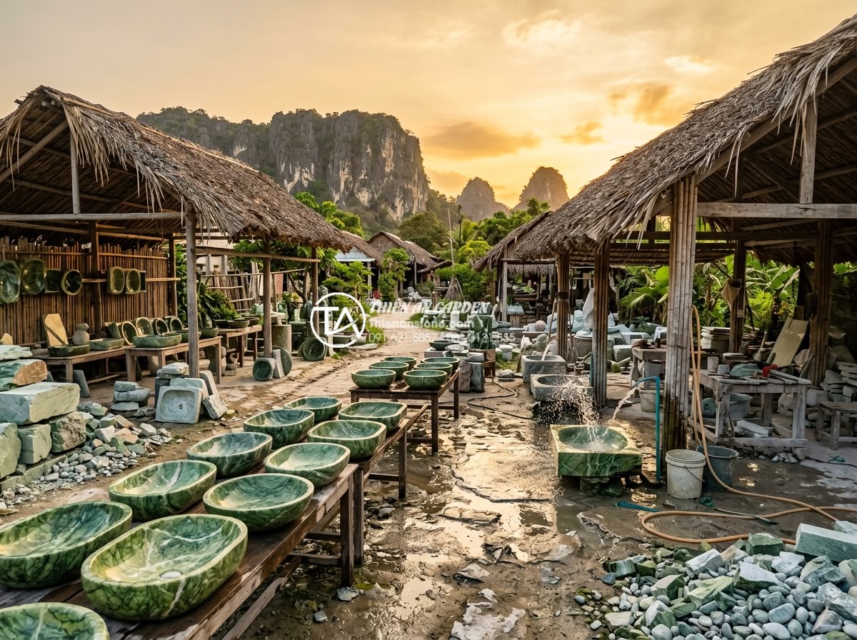Lavabo Đá Tự Nhiên Đà Nẵng: Khám Phá Xưởng Sản Xuất Đá Mỹ Nghệ Non Nước - Wide angle view of Non Nuoc stone carving village in Da Nang Vietnam at golden h