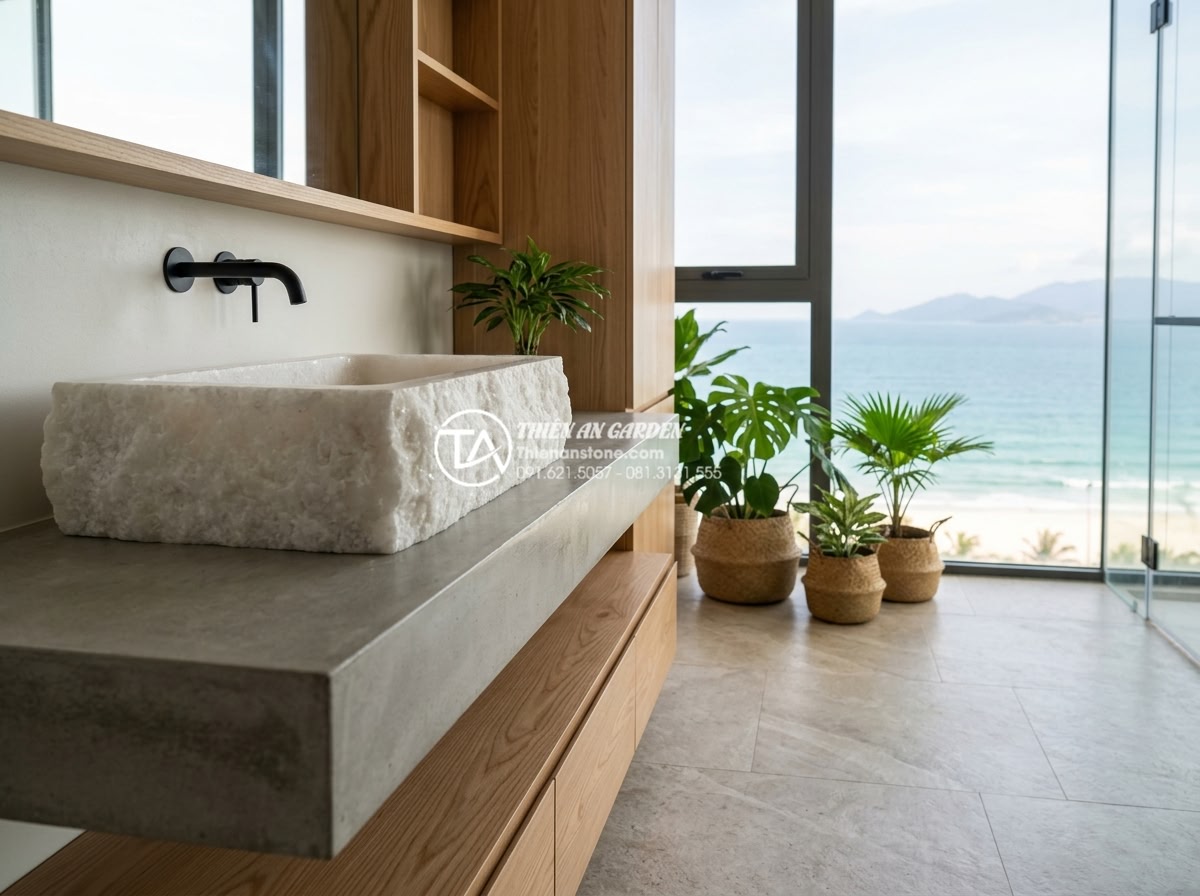 Lavabo Đá Tự Nhiên Đà Nẵng: Khám Phá Xưởng Sản Xuất Đá Mỹ Nghệ Non Nước - Luxurious bathroom interior featuring a large natural stone lavabo on a floating