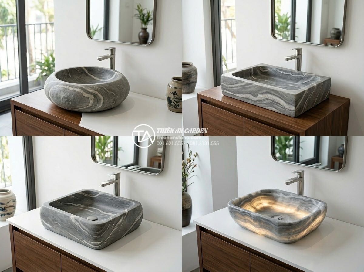 Lavabo Đá Tự Nhiên Đà Nẵng: Khám Phá Xưởng Sản Xuất Đá Mỹ Nghệ Non Nước - Collection of four different natural stone lavabo designs displayed in a modern 