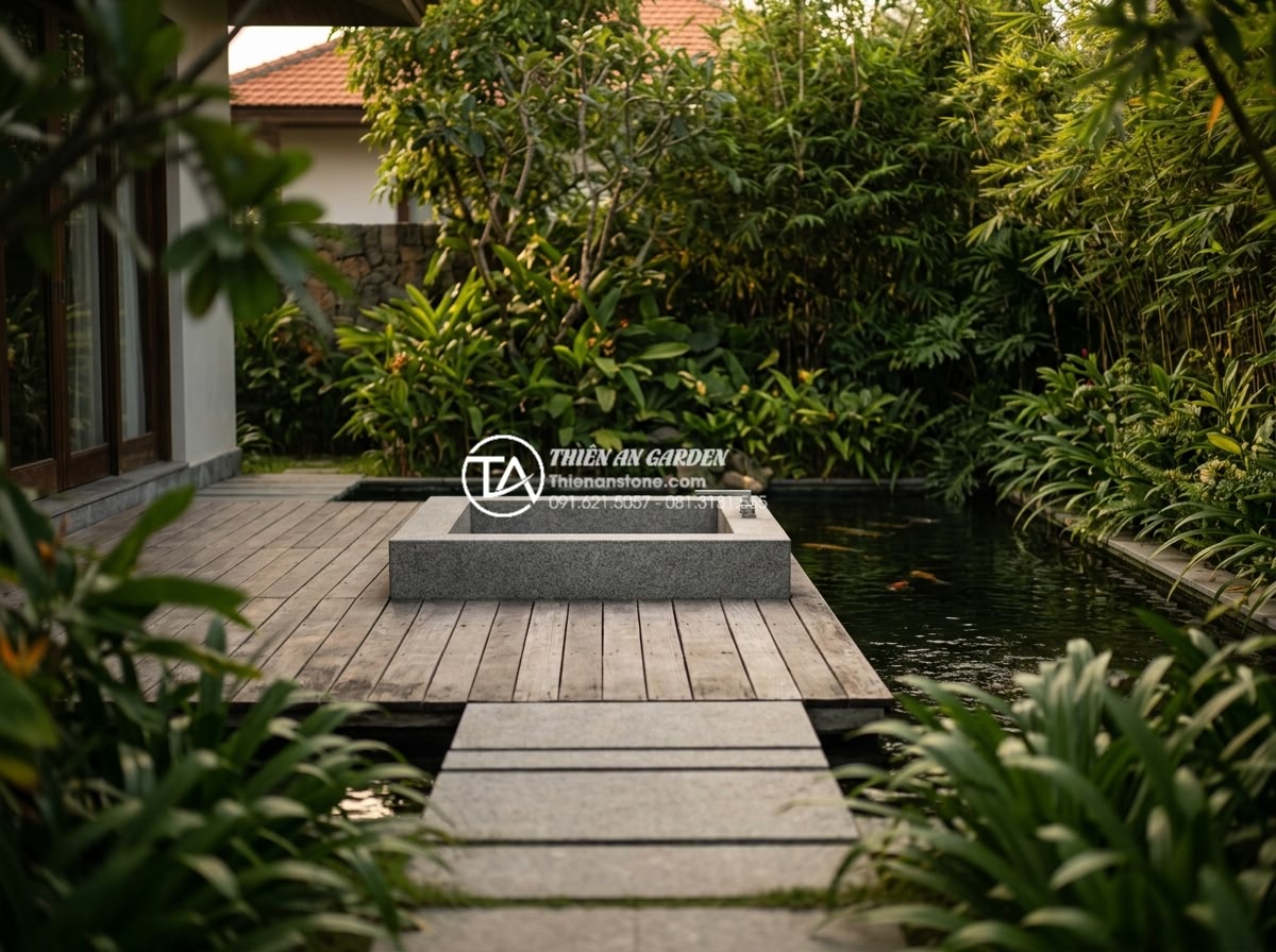 Lavabo Đá Tự Nhiên Đà Nẵng: Khám Phá Xưởng Sản Xuất Đá Mỹ Nghệ Non Nước - Beautiful outdoor garden scene in Da Nang villa featuring a natural stone lavabo