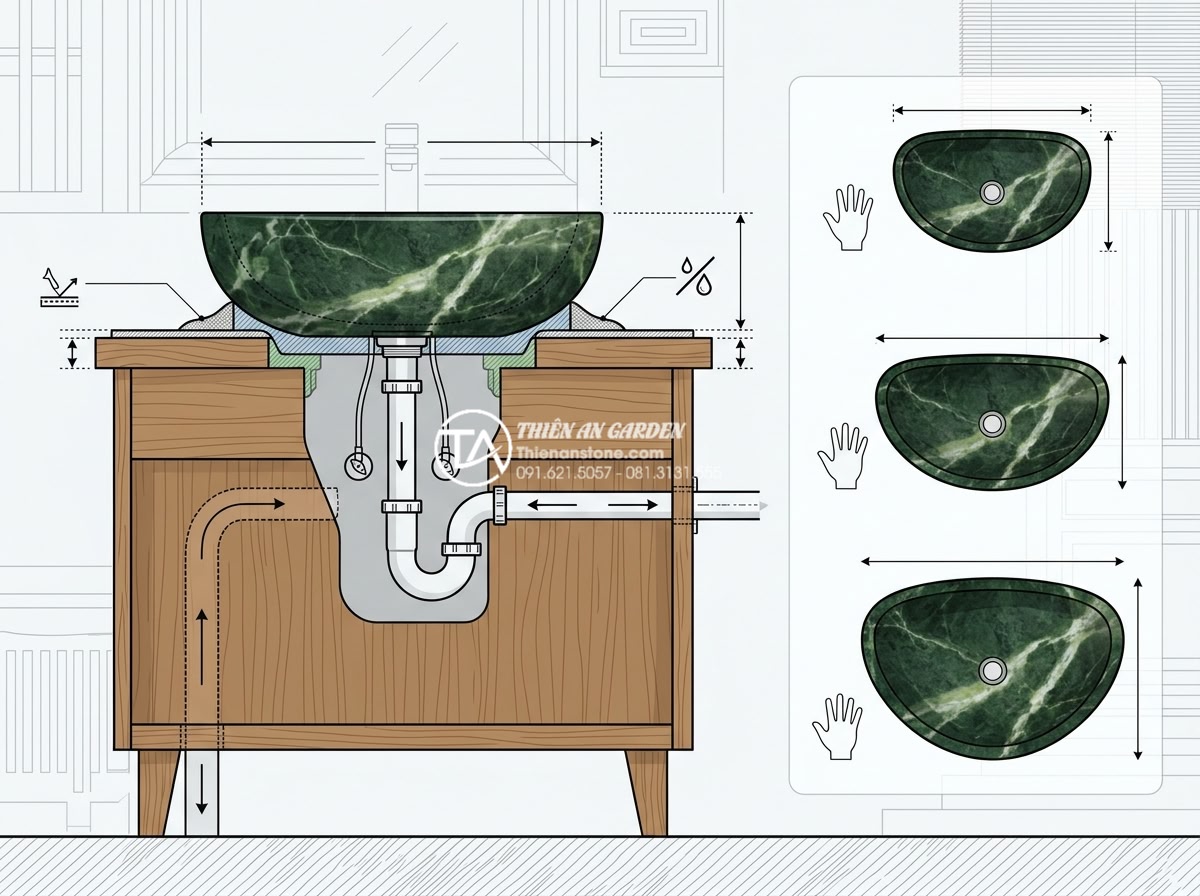 Lavabo Đá Tự Nhiên Đà Nẵng: Khám Phá Xưởng Sản Xuất Đá Mỹ Nghệ Non Nước - Technical diagram style image showing proper installation process of a natural s
