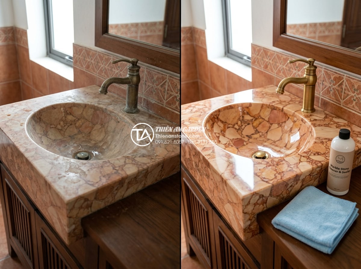 Lavabo Đá Tự Nhiên Đà Nẵng: Khám Phá Xưởng Sản Xuất Đá Mỹ Nghệ Non Nước - Before and after comparison photograph of a natural stone lavabo: left side show