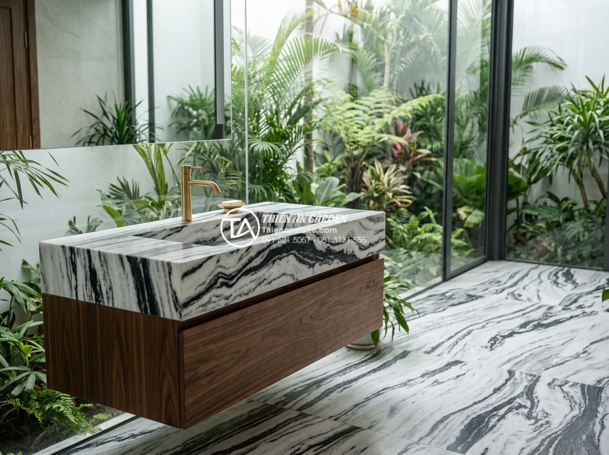 Lavabo Đá Tự Nhiên: Tuyệt Tác Từ Thiên Nhiên Cho Không Gian Phòng Tắm 2026 - Luxurious natural stone bathroom sink crafted from premium white Carrara marble