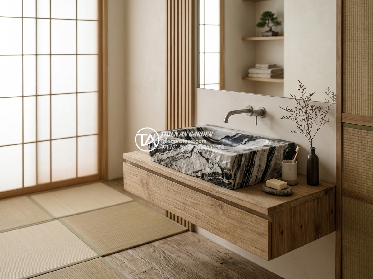 Lavabo Đá Tự Nhiên: Tuyệt Tác Từ Thiên Nhiên Cho Không Gian Phòng Tắm 2026 - Elegant natural stone lavabo integrated into Japandi-style bathroom with tatami-