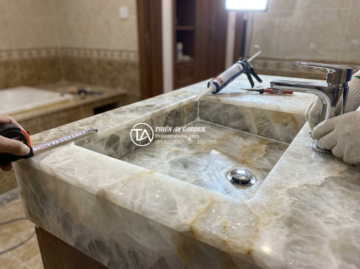 Lavabo Đá Tự Nhiên: Tuyệt Tác Từ Thiên Nhiên Cho Không Gian Phòng Tắm 2026 - Team of skilled craftsmen at Đá Cảnh Thiên An installing custom natural stone la
