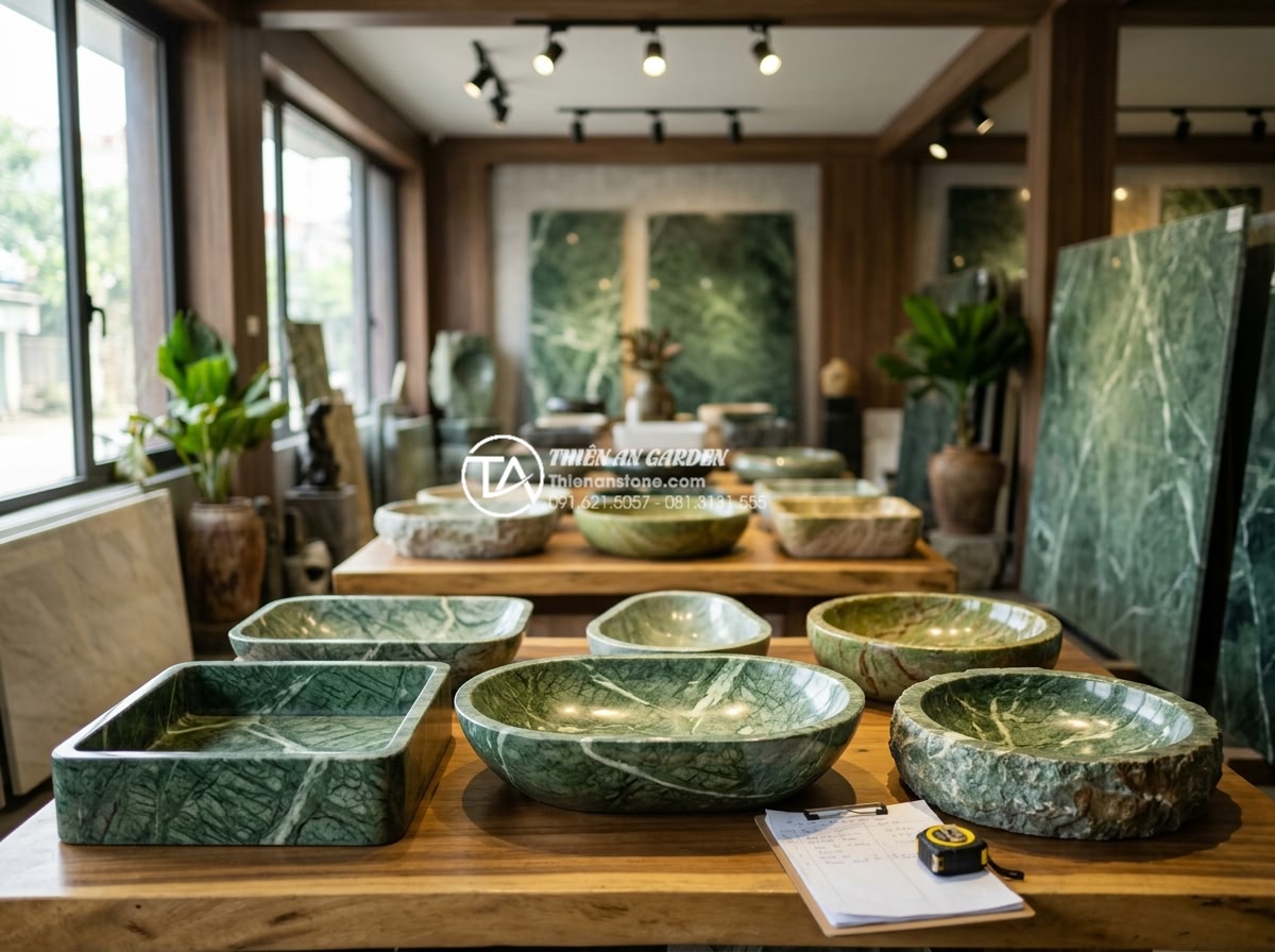 Lavabo Đá Tự Nhiên: Tuyệt Tác Từ Thiên Nhiên Cho Không Gian Phòng Tắm 2026 - Customer consulting with expert at Đá Cảnh Thiên An showroom, examining multiple