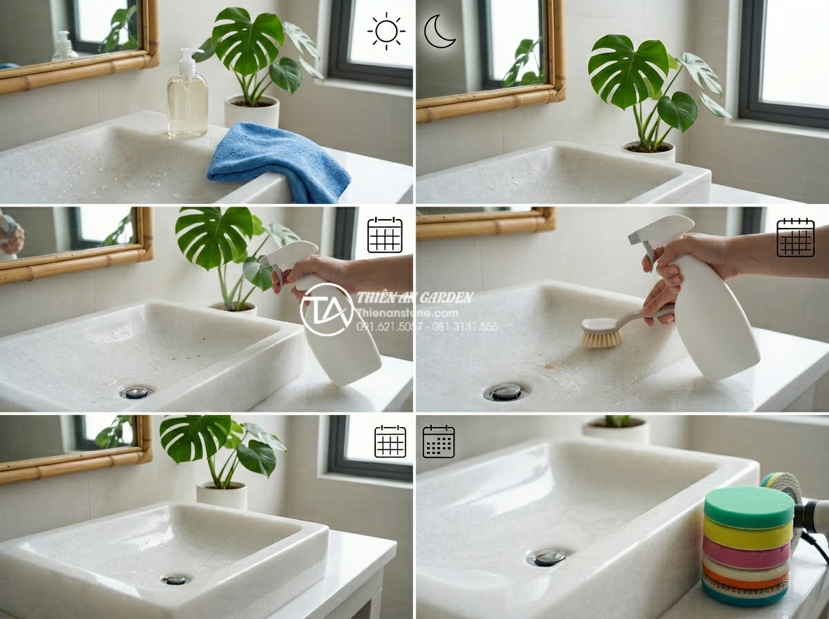 Lavabo Đá Tự Nhiên: Tuyệt Tác Từ Thiên Nhiên Cho Không Gian Phòng Tắm 2026 - Step-by-step guide illustration showing proper daily cleaning of natural stone l