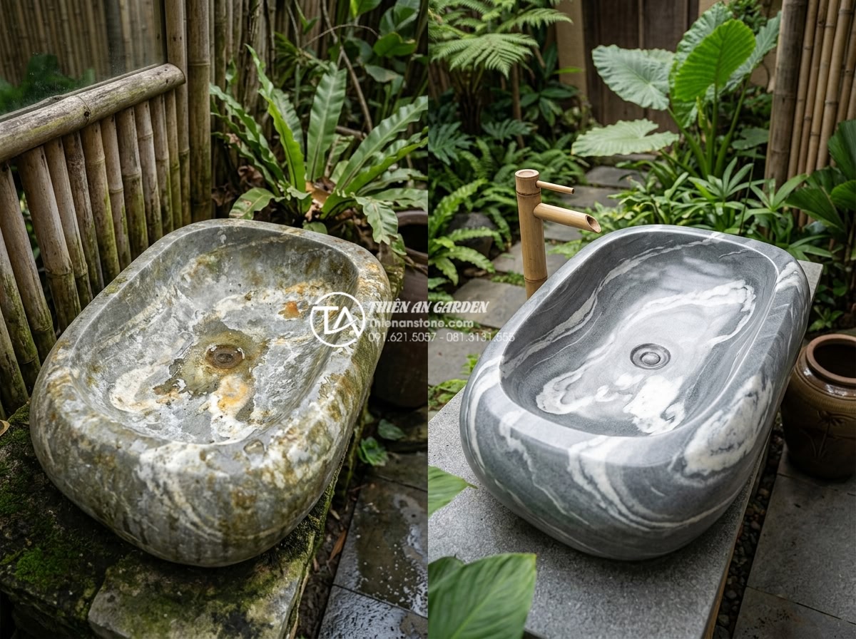 Lavabo Đá Tự Nhiên: Tuyệt Tác Từ Thiên Nhiên Cho Không Gian Phòng Tắm 2026 - Before and after comparison of well-maintained natural stone lavabo shining bril