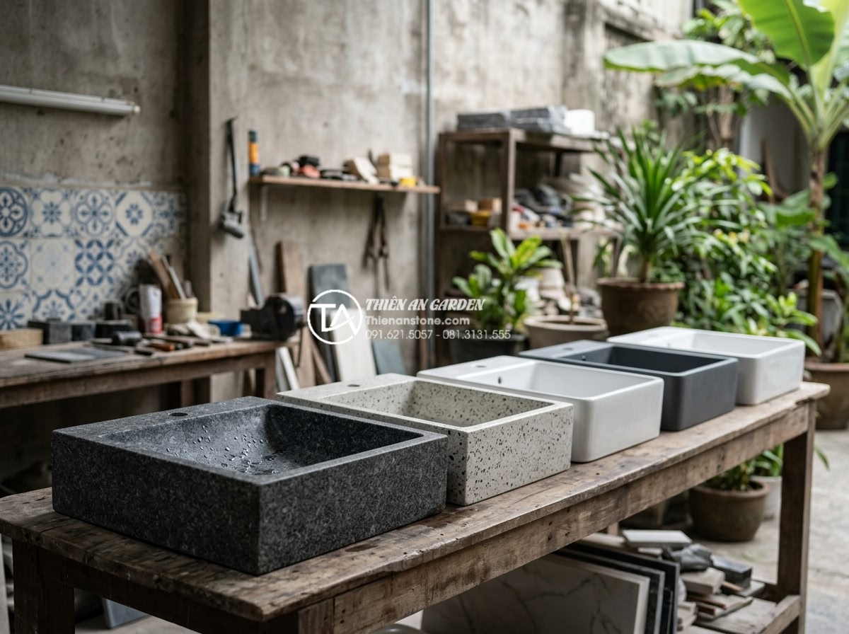Lavabo Đá Tự Nhiên: Tuyệt Tác Từ Thiên Nhiên Cho Không Gian Phòng Tắm 2026 - Professional comparison chart and physical samples of natural stone lavabo versu