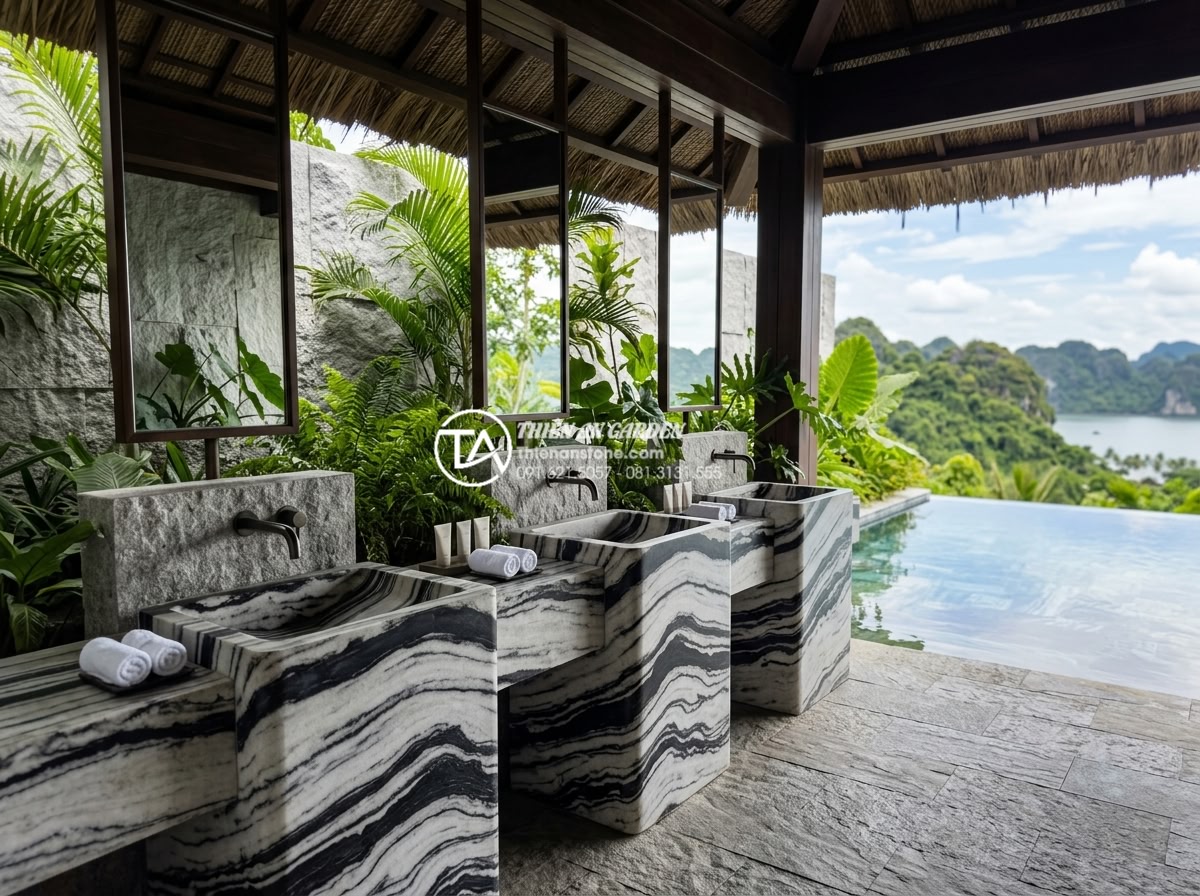 Lavabo Đá Tự Nhiên: Tuyệt Tác Từ Thiên Nhiên Cho Không Gian Phòng Tắm 2026 - Resort spa bathroom featuring multiple natural stone lavabos in a row with tropi