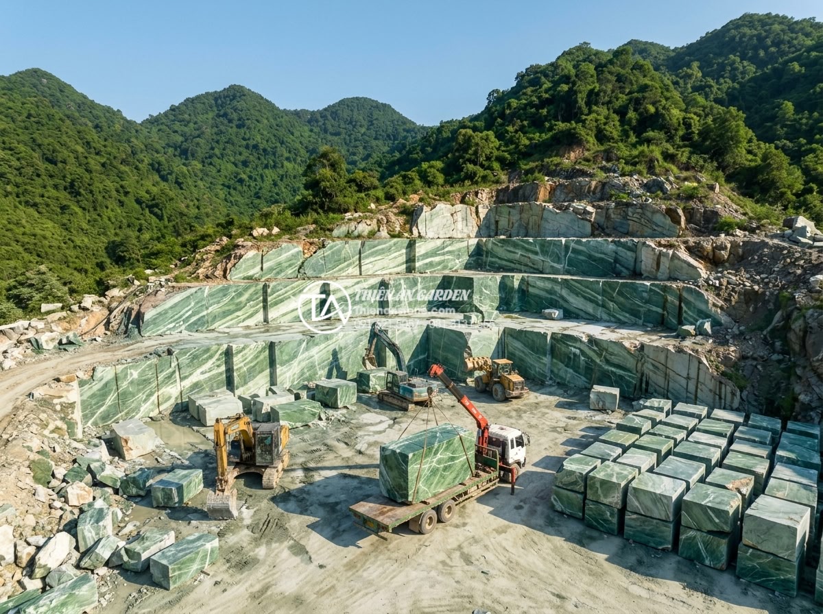Lavabo Đá Tự Nhiên: Tuyệt Tác Từ Thiên Nhiên Cho Không Gian Phòng Tắm 2026 - Aerial view of pristine natural stone quarry in Vietnam with layers of marble an