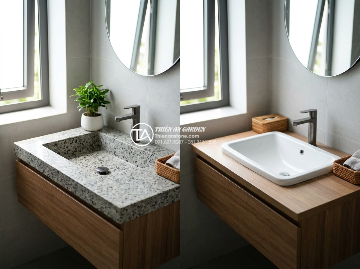 Lavabo Đá Tự Nhiên: Tuyệt Tác Từ Thiên Nhiên Cho Không Gian Phòng Tắm 2026 - Side-by-side comparison of natural stone lavabo versus ceramic sink in identical