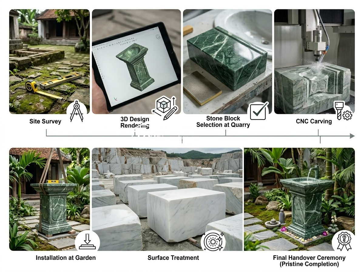 Lavabo Trụ Đá Tự Nhiên: Điểm Nhấn Nghệ Thuật Cho Không Gian Sân Vườn Lavish - Professional workflow collage showing 7-step process of custom lavabo stone pede