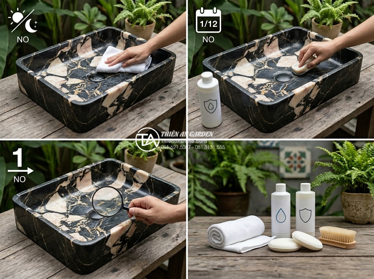 Lavabo Trụ Đá Tự Nhiên: Điểm Nhấn Nghệ Thuật Cho Không Gian Sân Vườn Lavish - Step-by-step maintenance guide infographic for natural stone lavabo: daily wipin