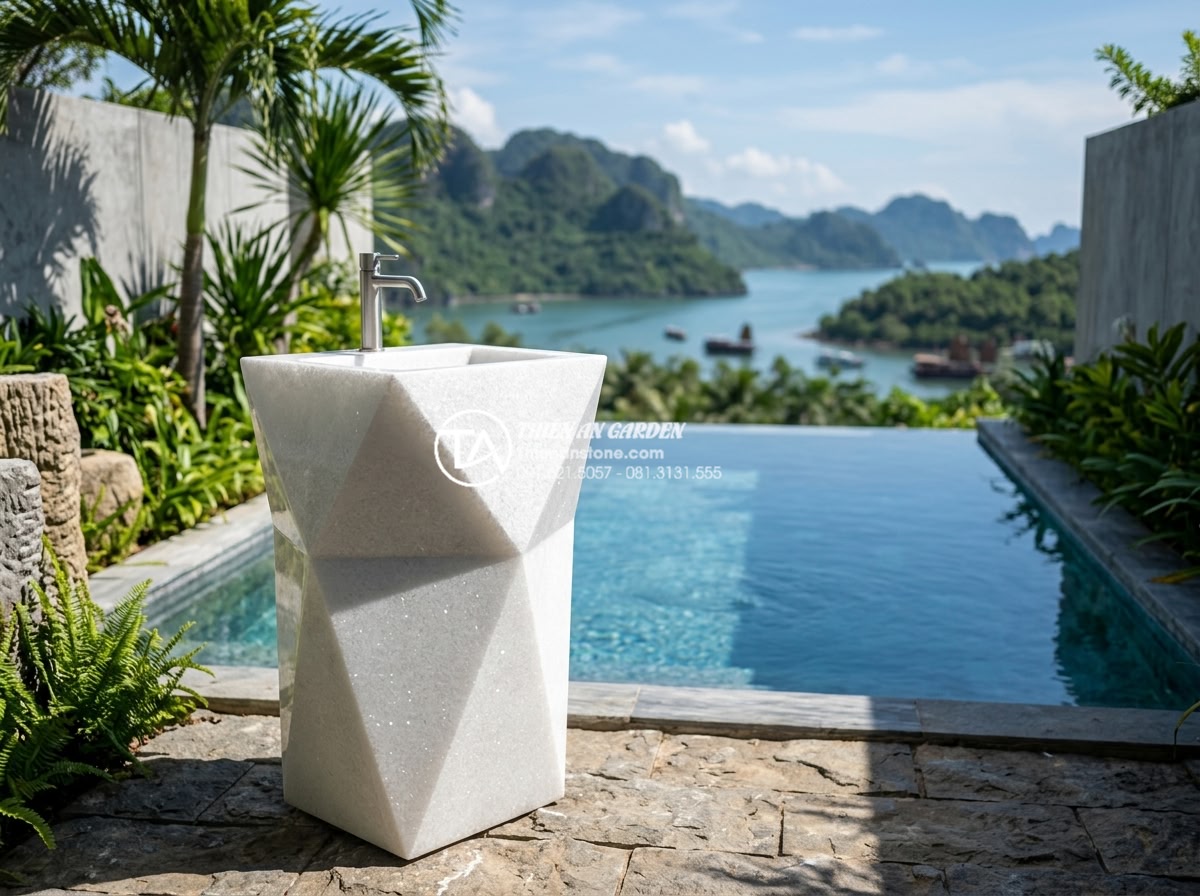 Lavabo Trụ Đá Tự Nhiên: Điểm Nhấn Nghệ Thuật Cho Không Gian Sân Vườn Lavish - Trendy 2026 diamond-cut lavabo pedestal made from black granite with faceted geo