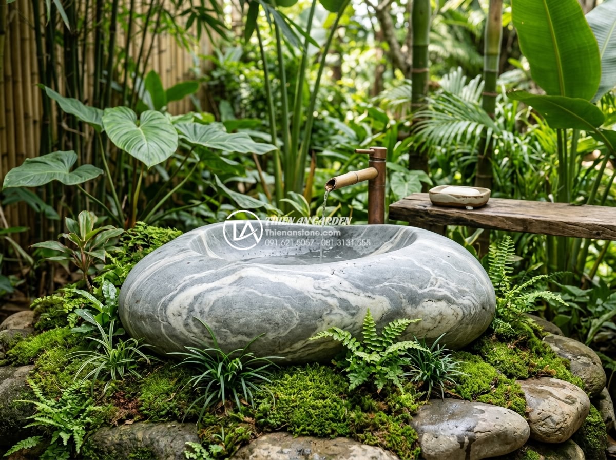 Lavabo Trụ Đá Tự Nhiên: Điểm Nhấn Nghệ Thuật Cho Không Gian Sân Vườn Lavish - Biophilic design lavabo bệ đá with integrated living moss and small plants aroun
