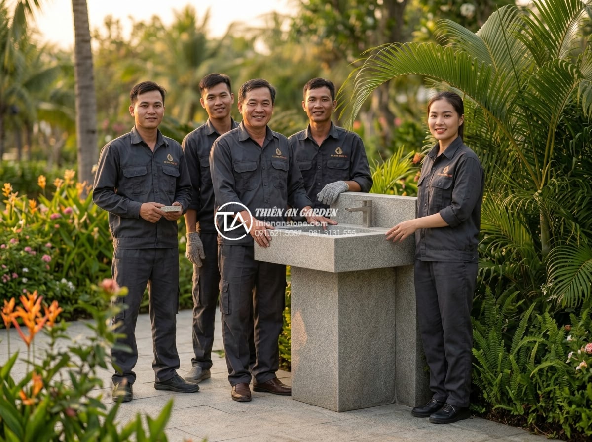 Lavabo Trụ Đá Tự Nhiên: Điểm Nhấn Nghệ Thuật Cho Không Gian Sân Vườn Lavish - Professional team photo of Đá Cảnh Thiên An experts standing proudly beside comp