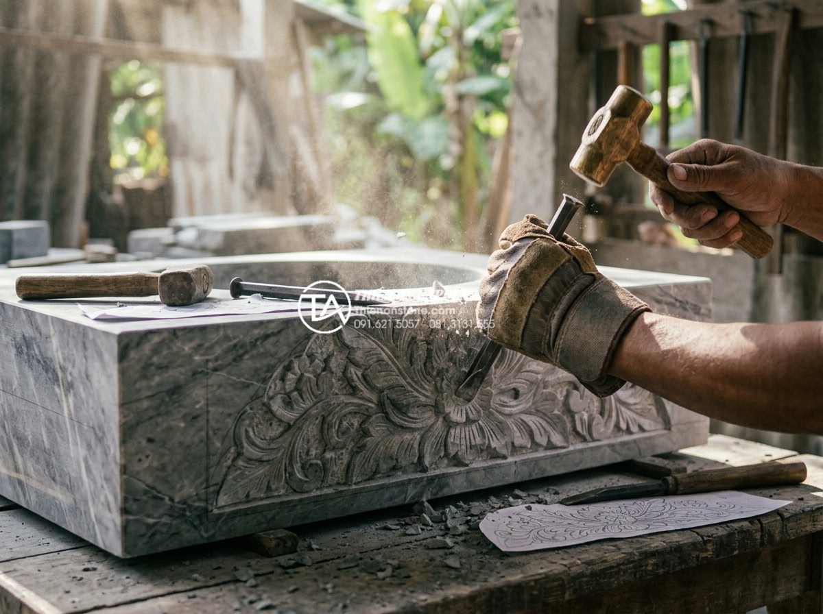 Lavabo Trụ Đá Tự Nhiên: Điểm Nhấn Nghệ Thuật Cho Không Gian Sân Vườn Lavish - Artisan hand-carving intricate floral patterns on a large granite block for cust